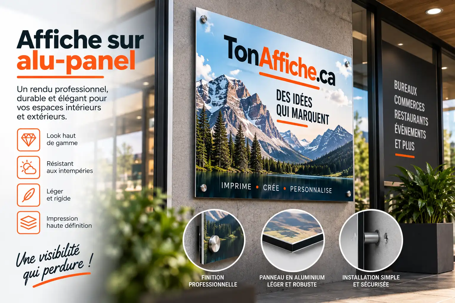 Panneau d'alu-panel imprimé fixé au mur d'une réception