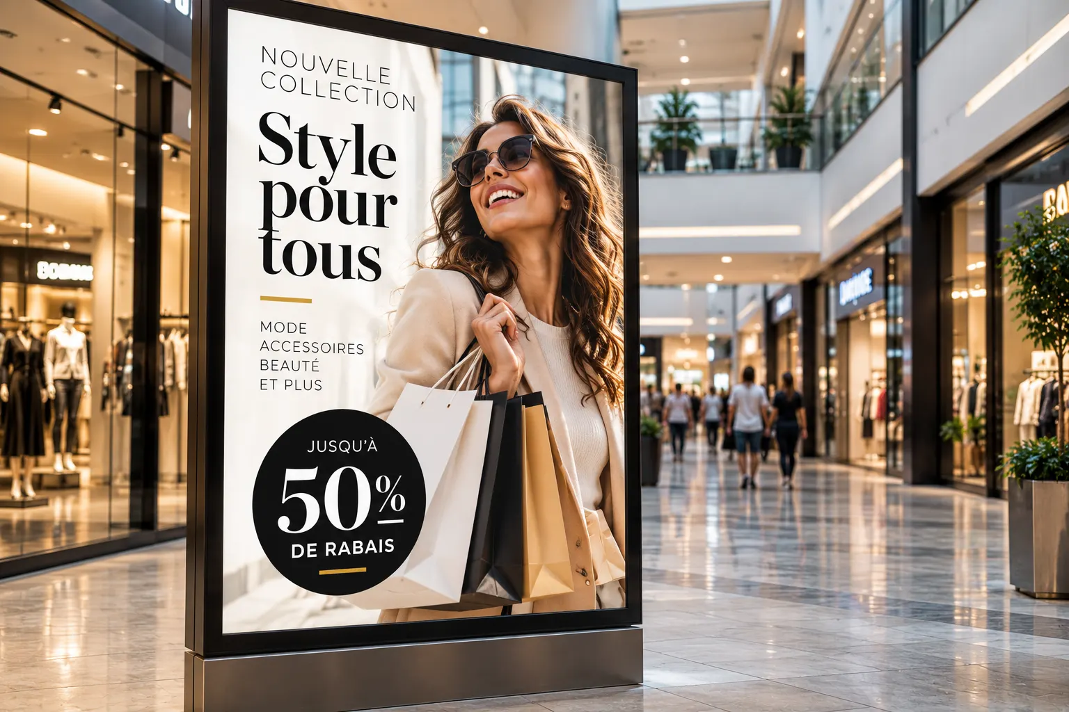 Affiche de mode sur chevalet dans un centre commercial