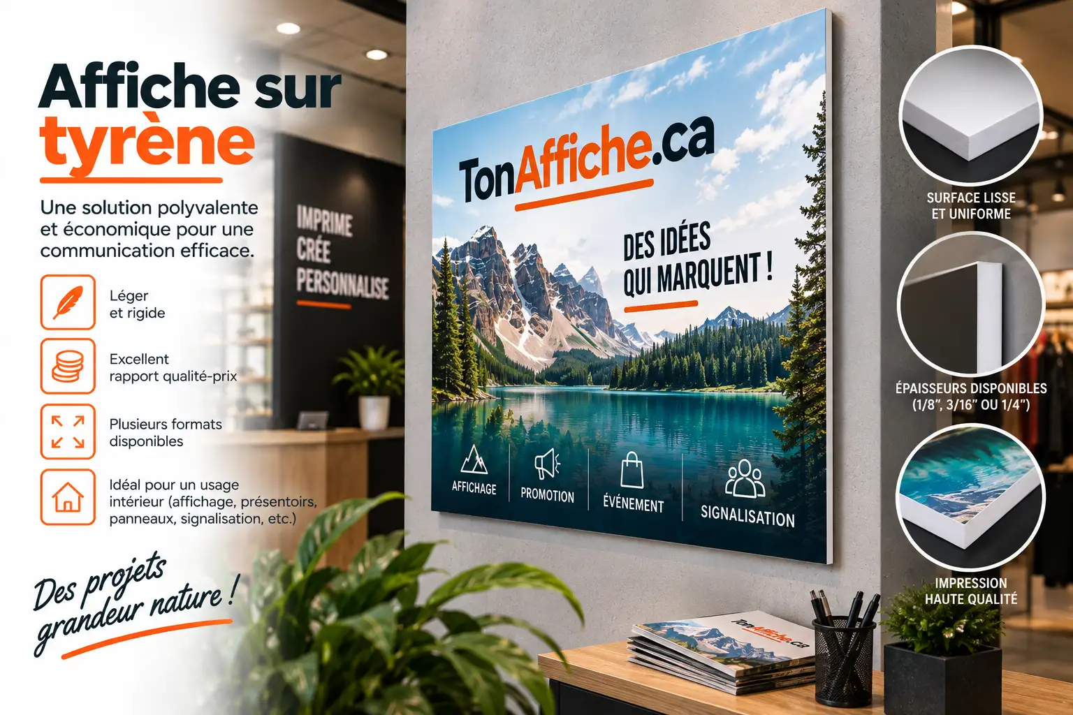 Panneau de tyrène imprimé d'un paysage, accroché au mur d'un commerce