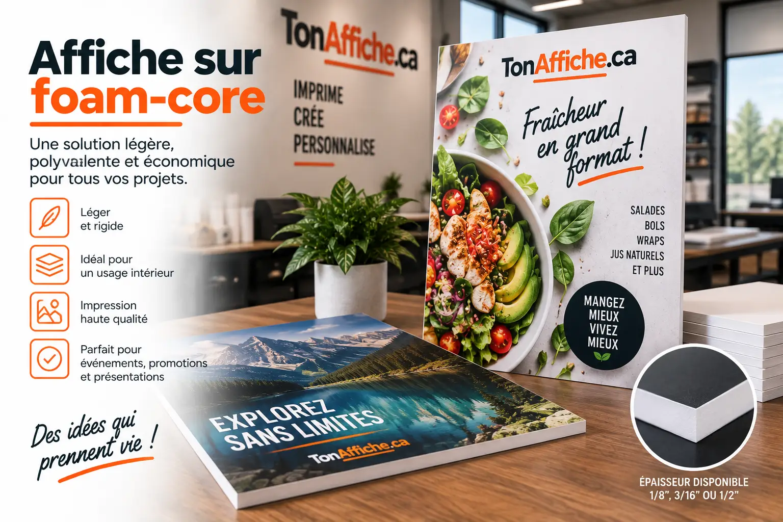 Affiches sur foam-core en carton-mousse pour un restaurant et une agence de voyage