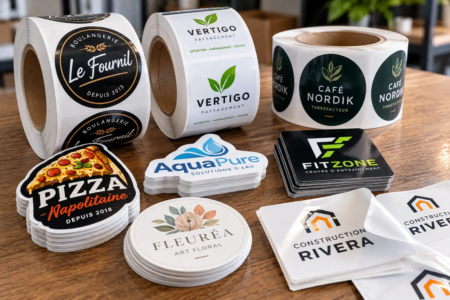 Rouleaux et autocollants de logos variés sur une table en bois