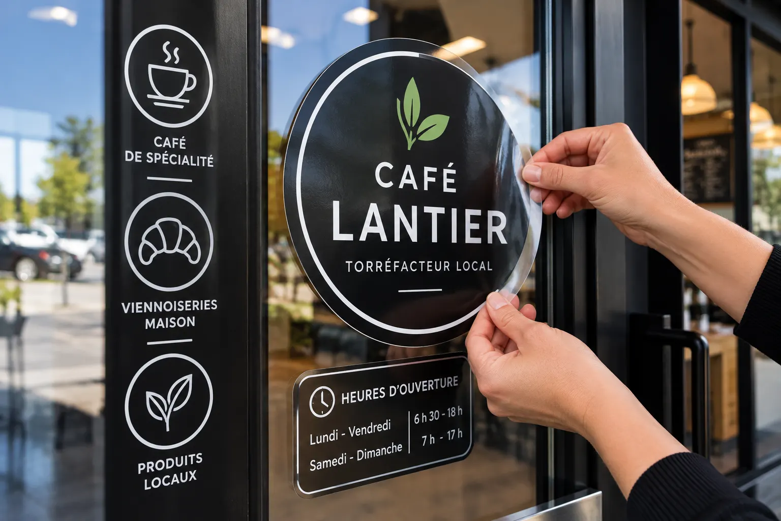 Autocollant de vitrine posé sur la porte d'un café