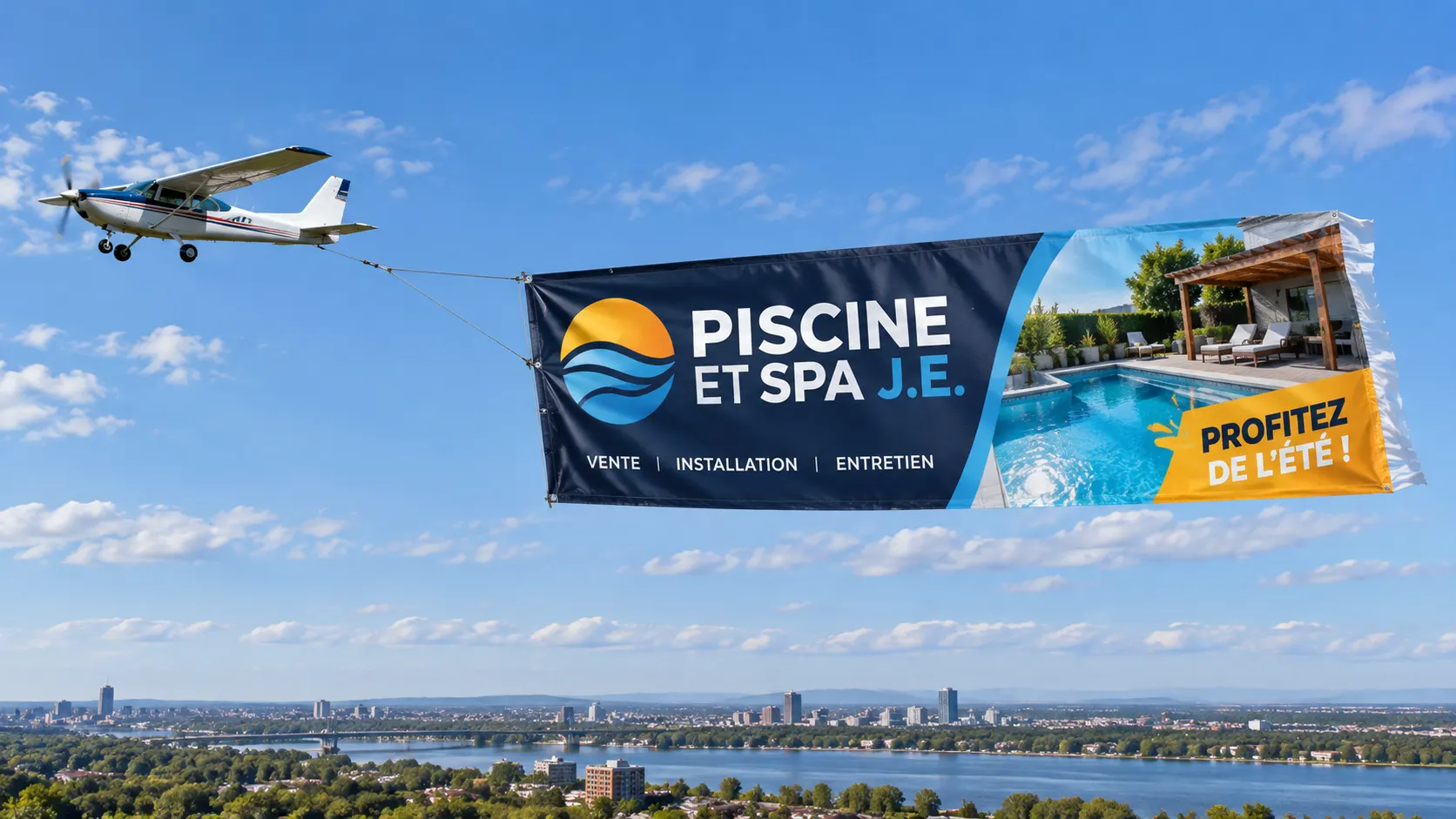 Bannière publicitaire tractée par un avion au-dessus de la ville