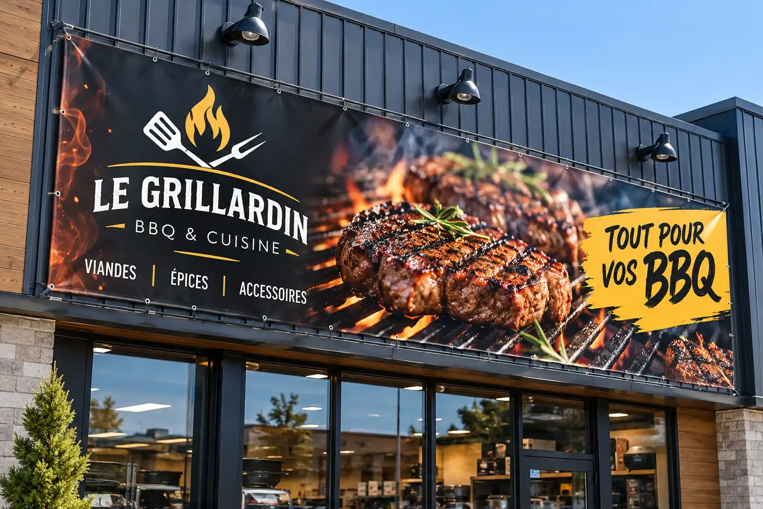 Bannière d'un restaurant de grillades sur la façade du commerce