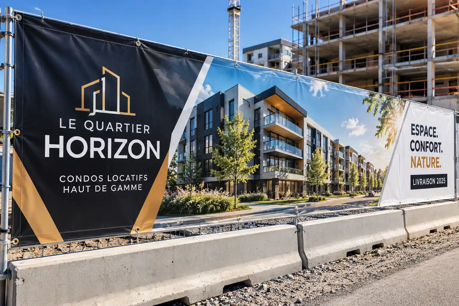 Bannière grand format d'un projet de condos sur un chantier