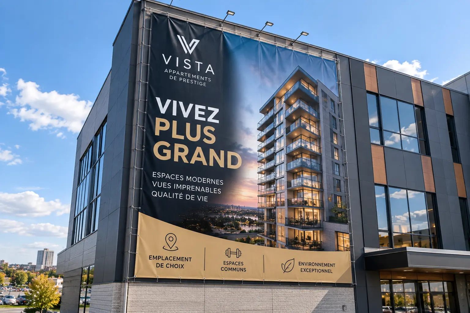 Bannière immobilière verticale sur un immeuble moderne