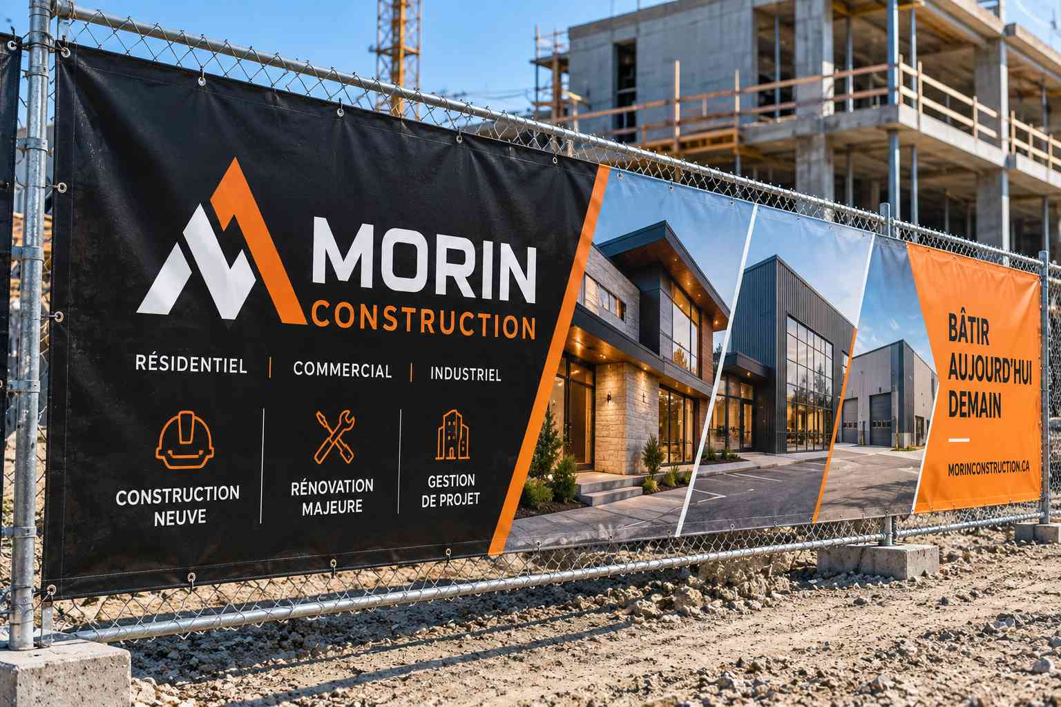Bannière d'entreprise de construction sur la clôture d'un chantier