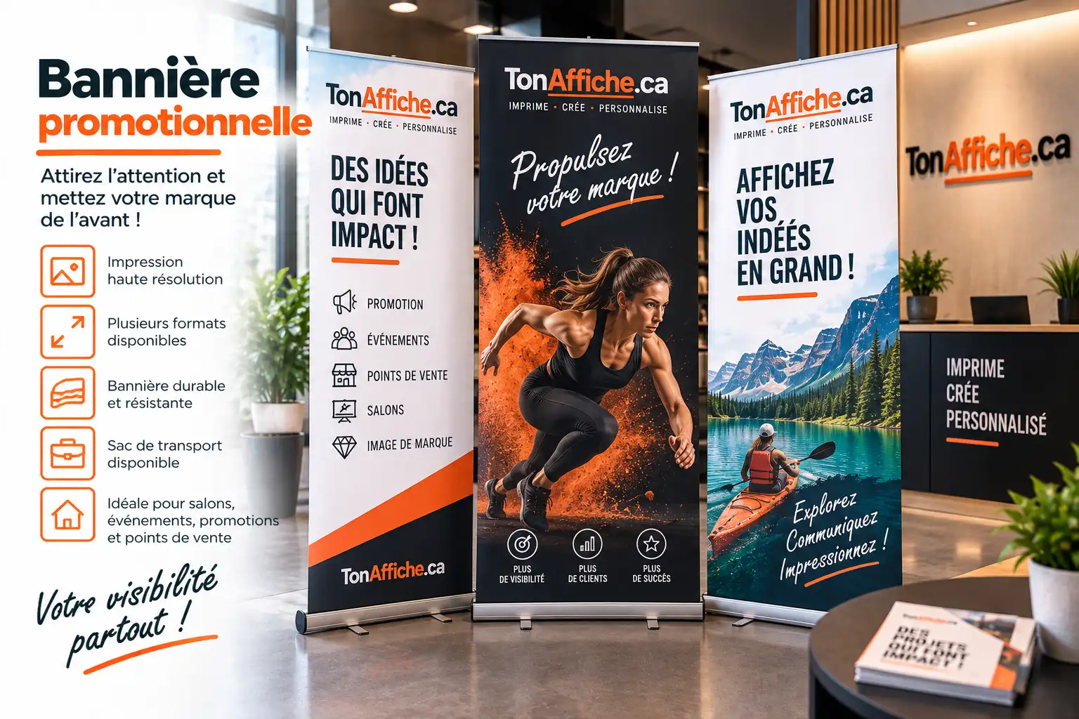 Roll-up et bannières promotionnelles Ton Affiche exposés dans un hall d'entreprise