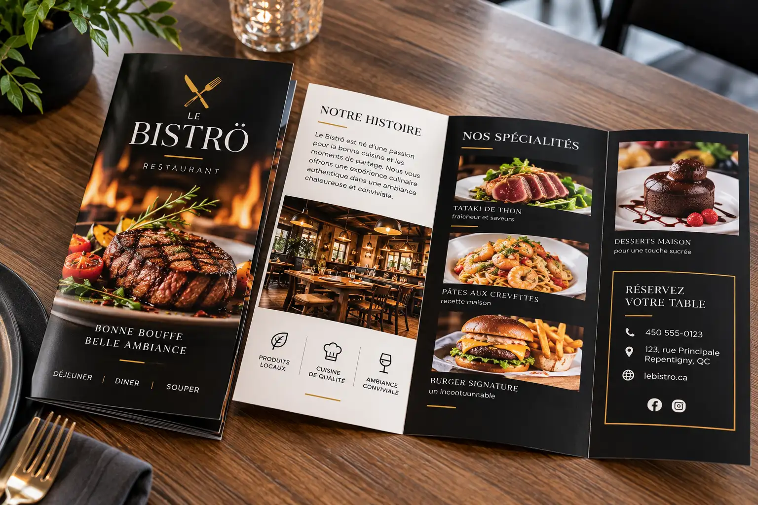 Dépliant de restaurant ouvert sur une table en bois