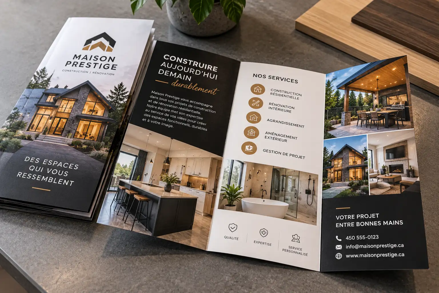 Brochure d'un constructeur résidentiel sur une table