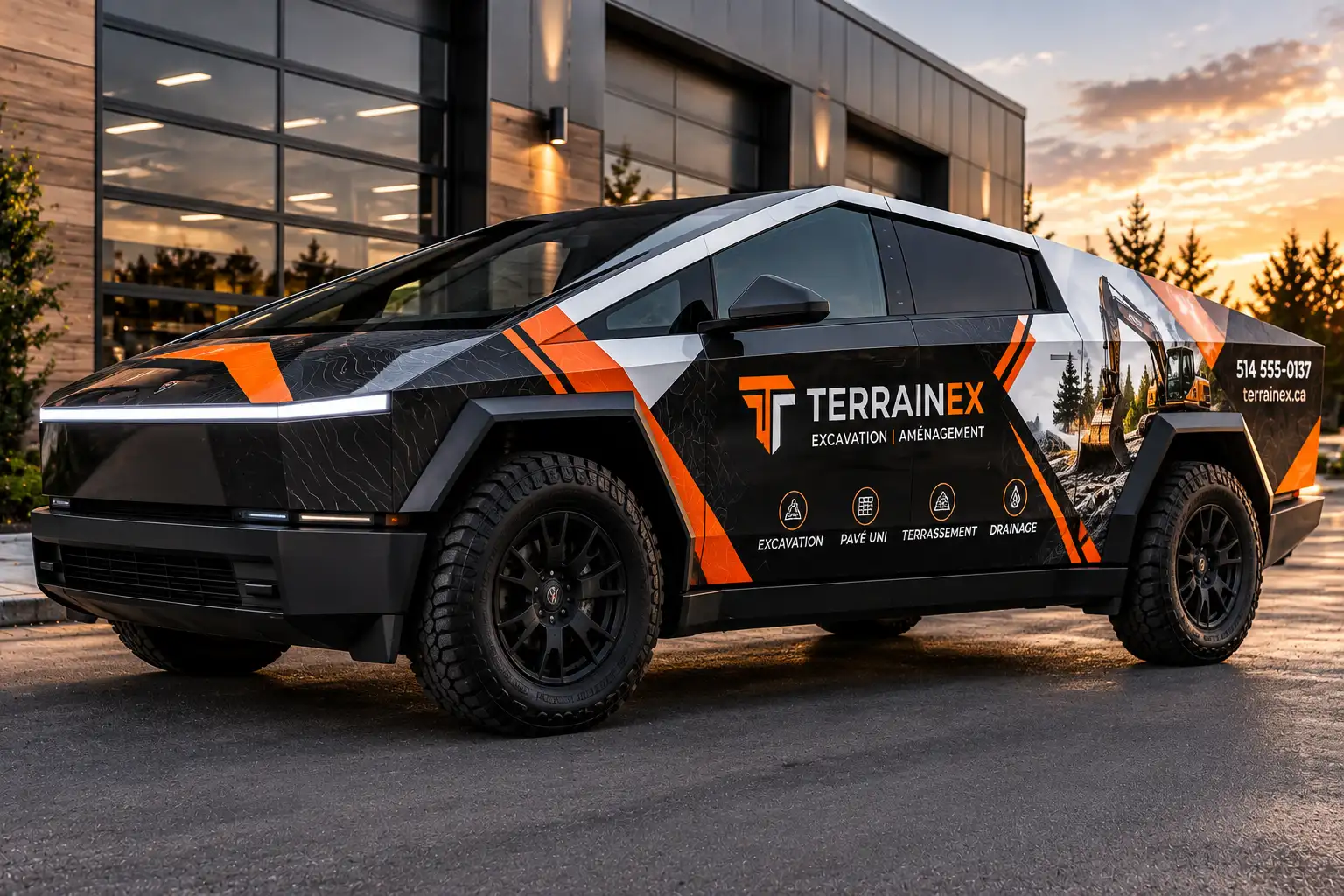 Camionnette électrique habillée en noir et orange