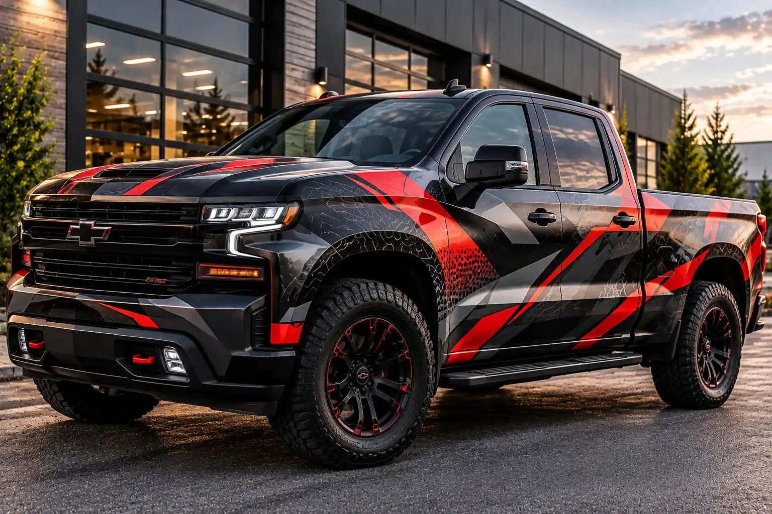 Camionnette au wrap rouge et noir