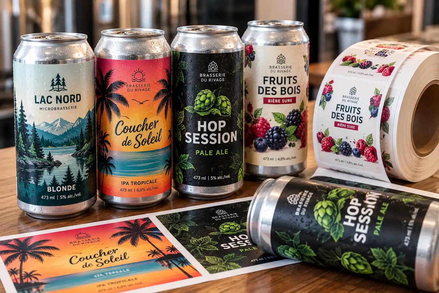 Canettes de bière artisanale et rouleaux d'étiquettes