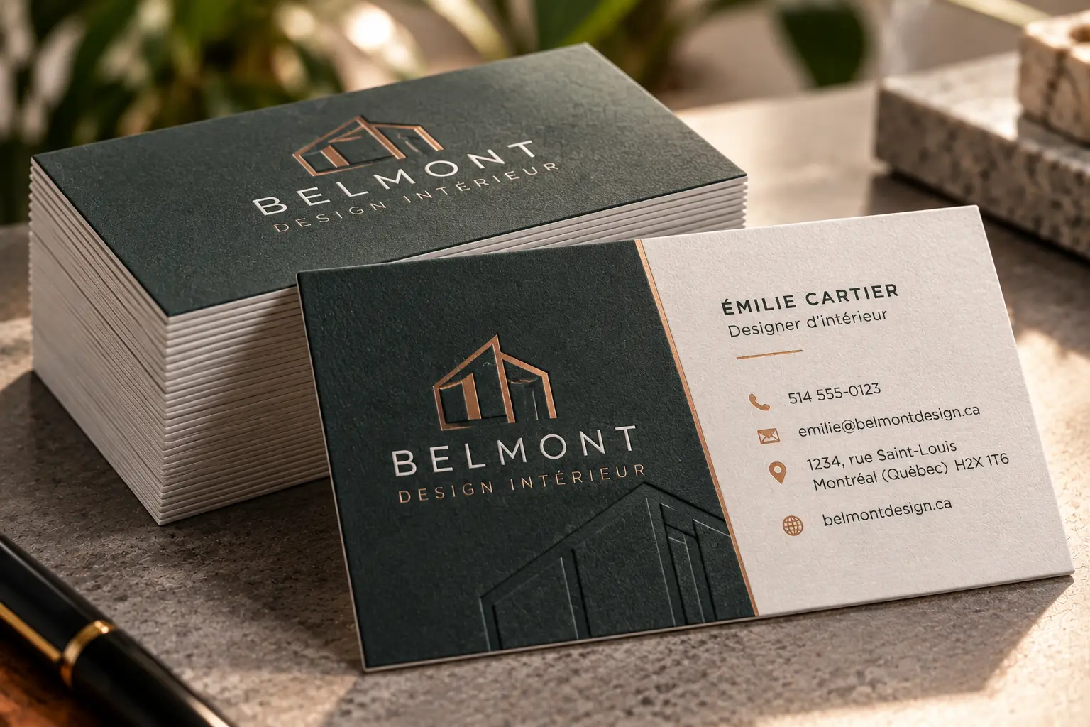 Cartes d'affaires vert sauge et crème d'une designer d'intérieur