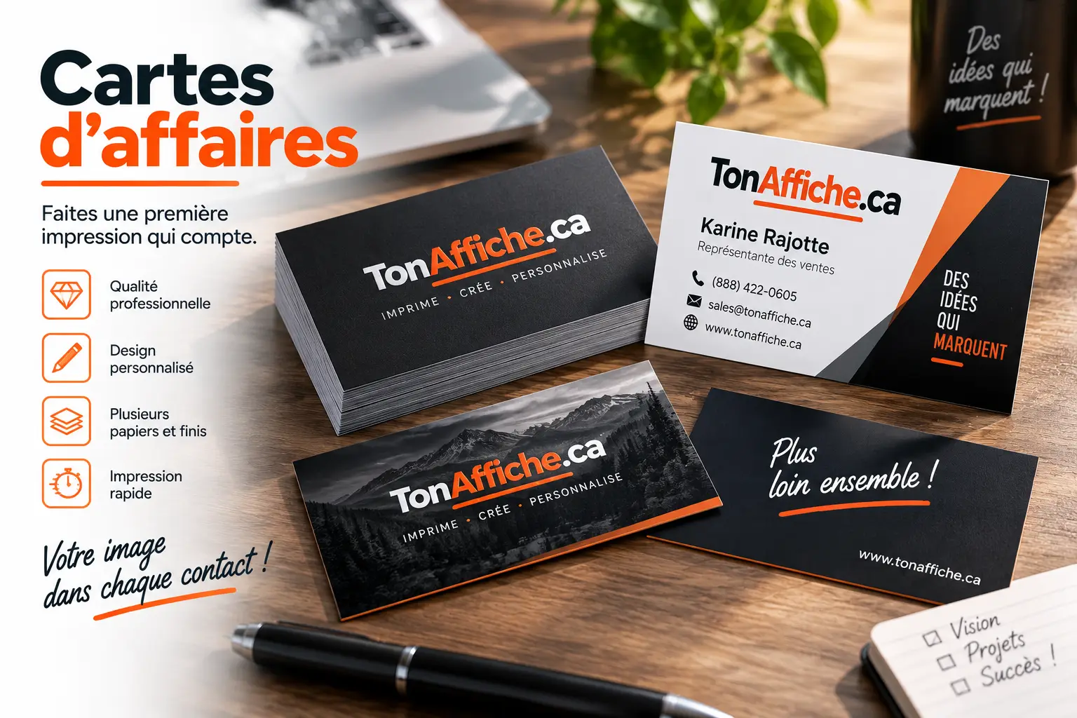 Cartes d'affaires Ton Affiche imprimées recto verso sur un bureau