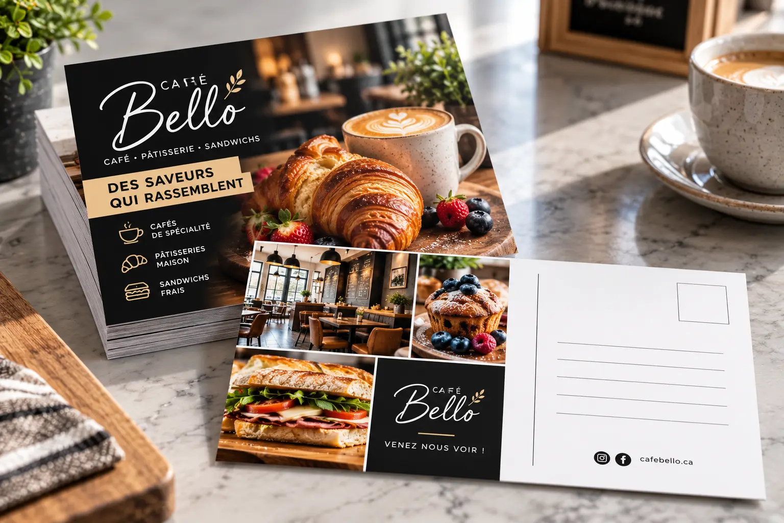 Cartes postales gourmandes d'un café