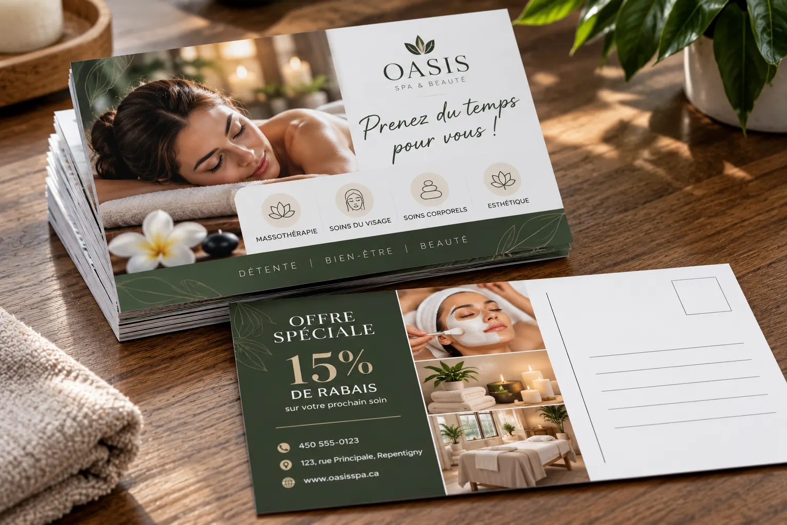 Cartes postales promotionnelles d'un spa avec offre spéciale