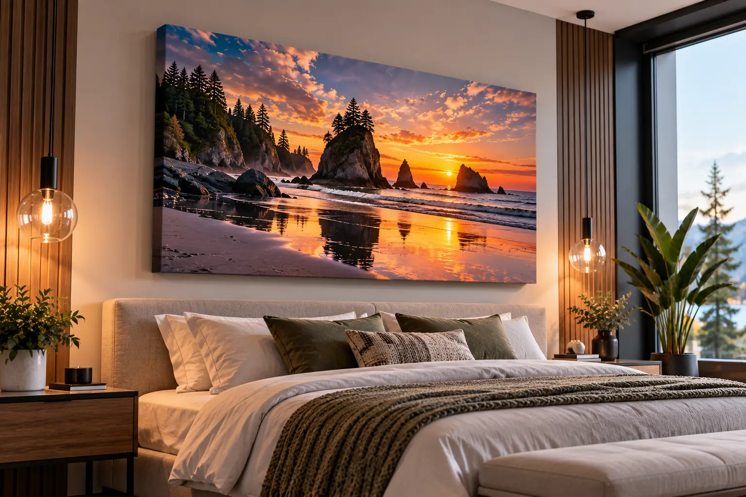 Toile imprimée d'un coucher de soleil sur la côte dans une chambre