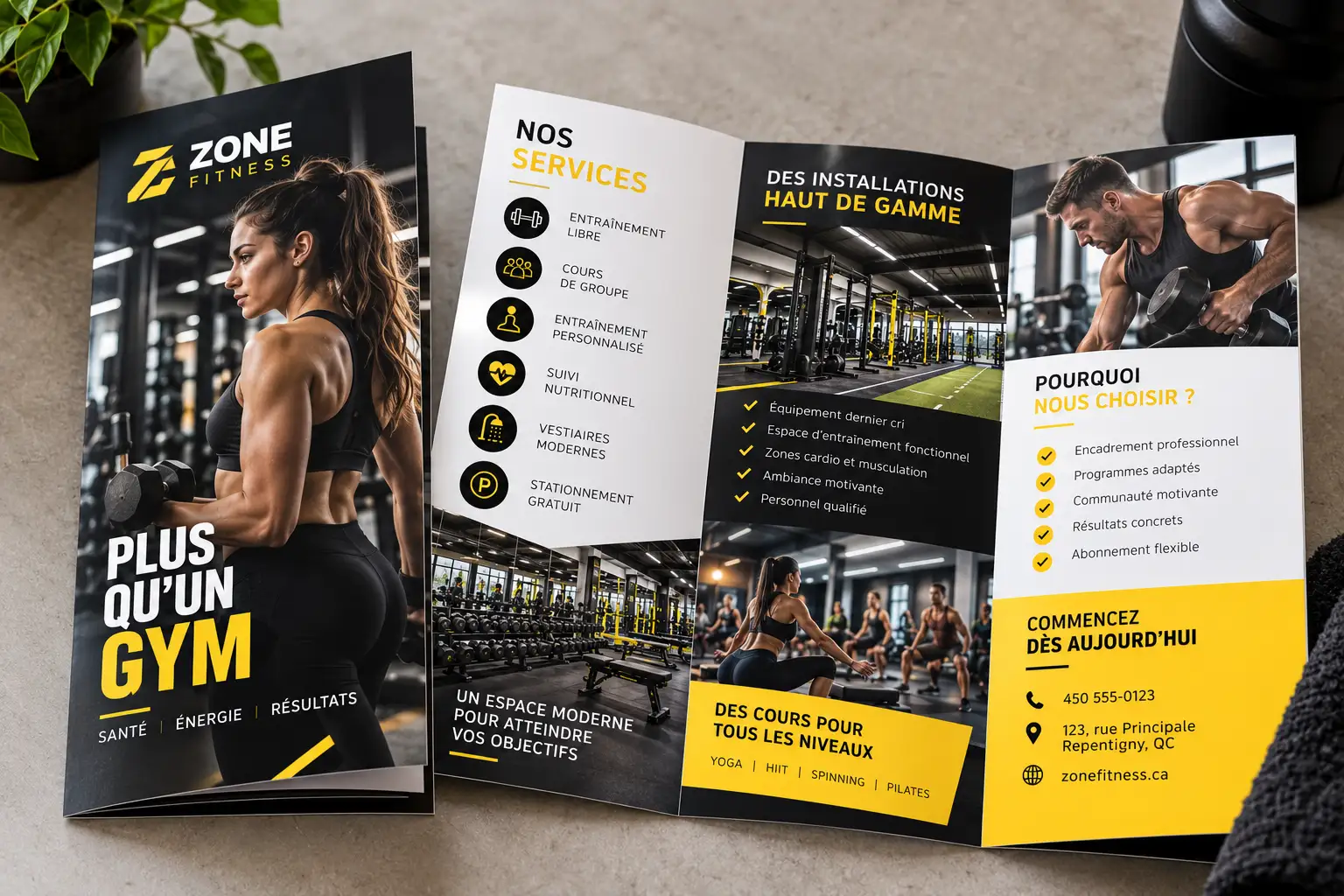 Dépliant d'un centre d'entraînement en noir et jaune