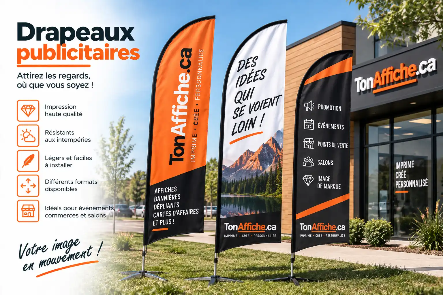 Drapeaux publicitaires plume Ton Affiche devant la façade d'un commerce