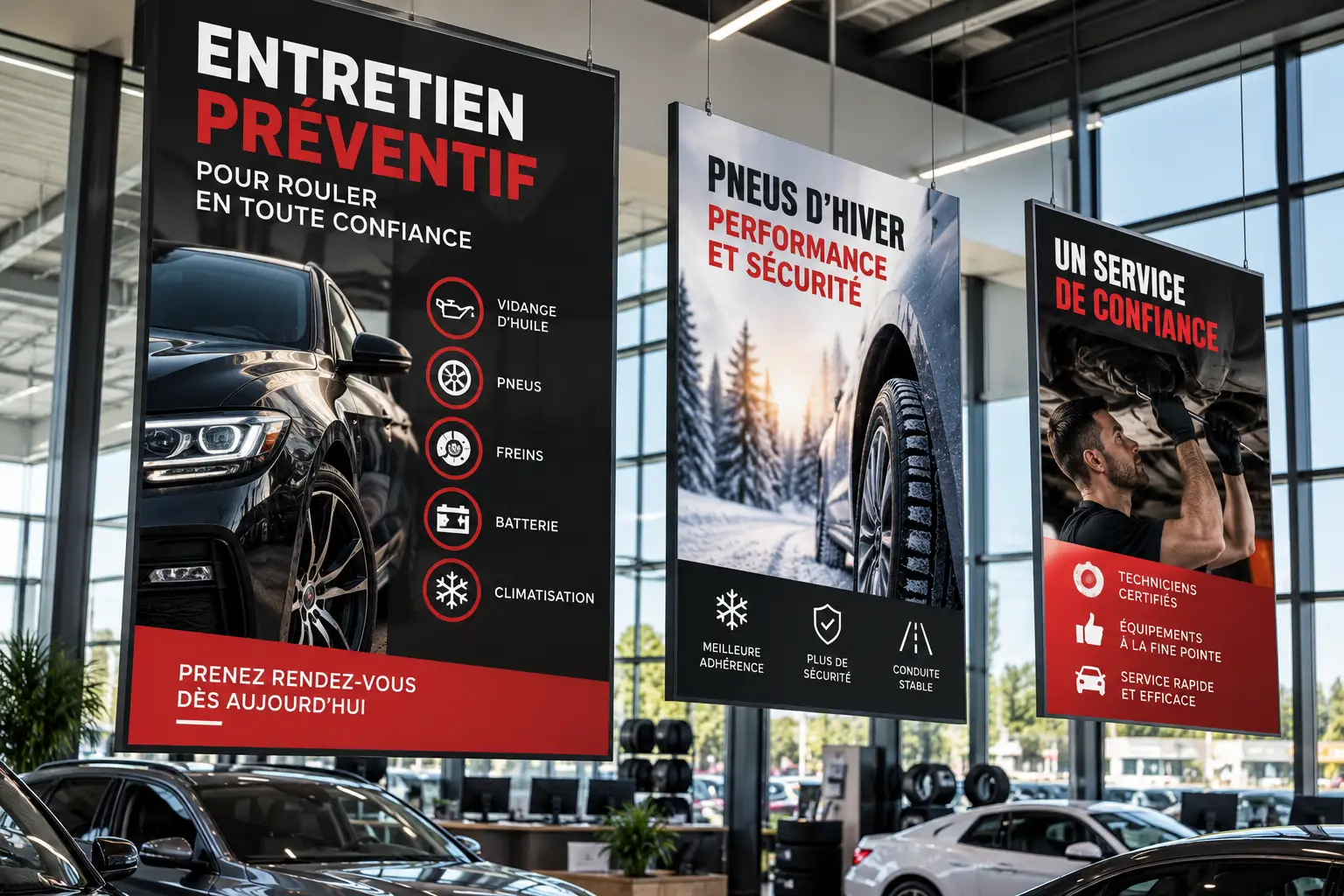 Affiches d'entretien automobile dans la vitrine d'un garage