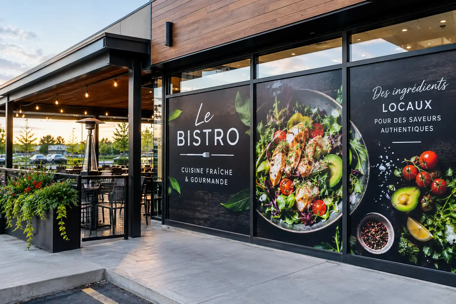 Impression sur la façade vitrée d'un bistro