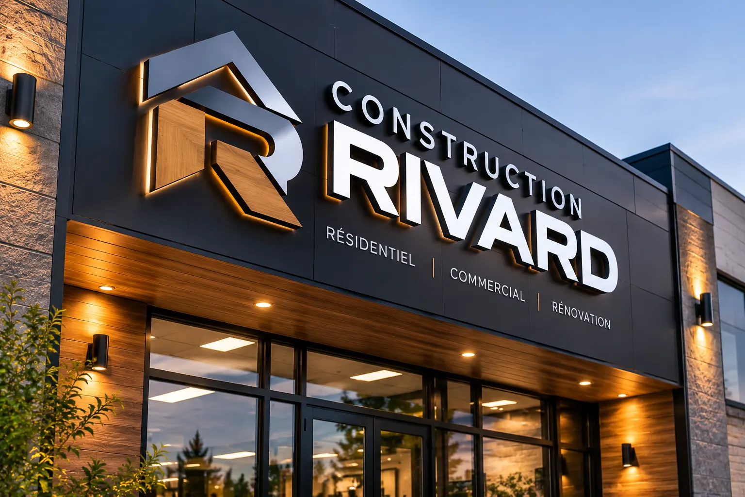 Enseigne en lettres détachées sur la façade d'une entreprise de construction