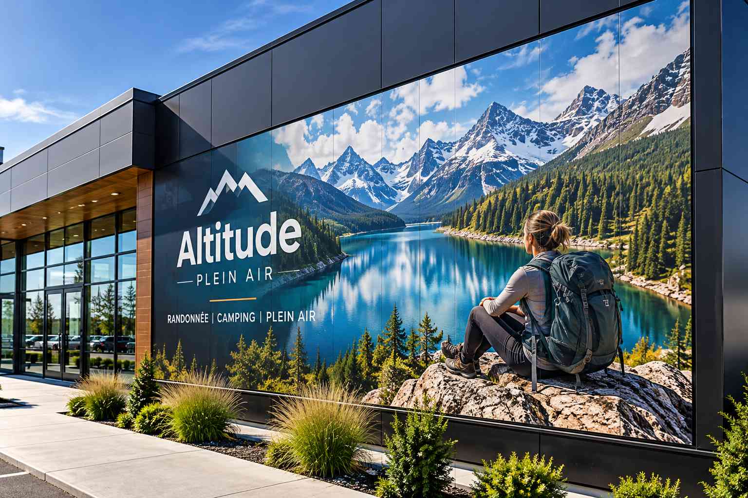 Murale grand format d'un paysage alpin sur une façade
