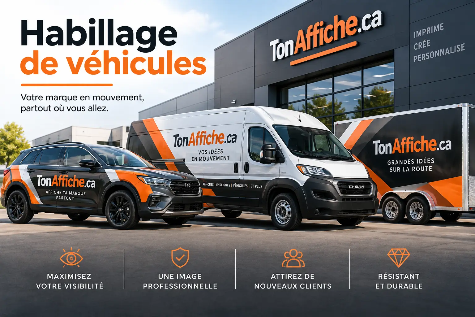 Fourgonnettes et voiture de flotte habillées aux couleurs de Ton Affiche