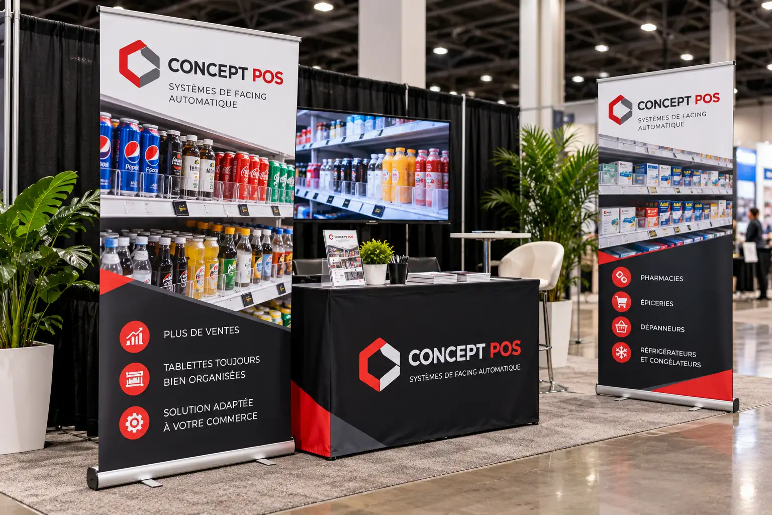 Roll-up et kiosque d'exposition d'une entreprise d'affichage