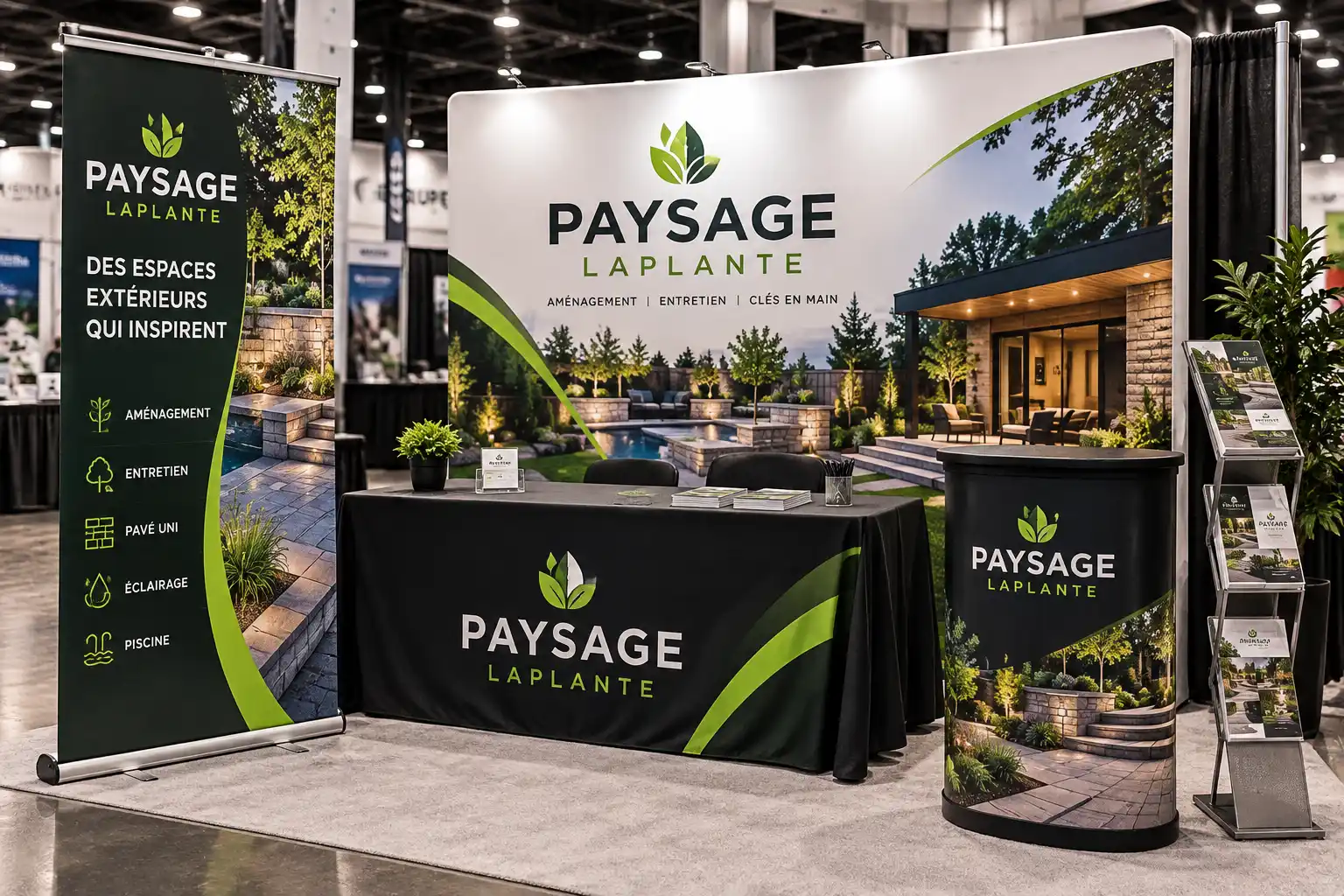 Kiosque d'exposition aux couleurs d'une entreprise de paysagement