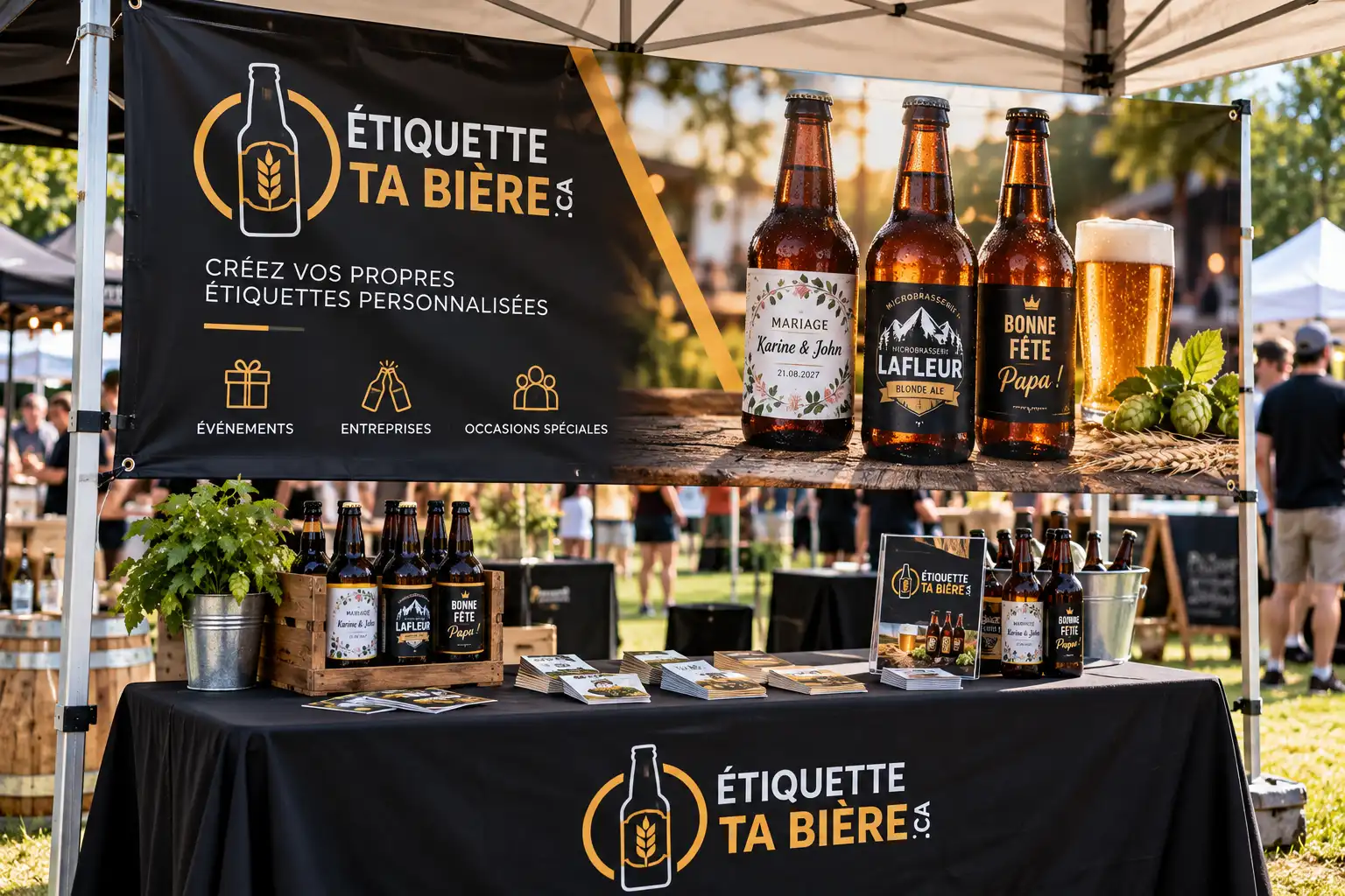 Kiosque de festival avec bannière et nappe imprimées pour une brasserie