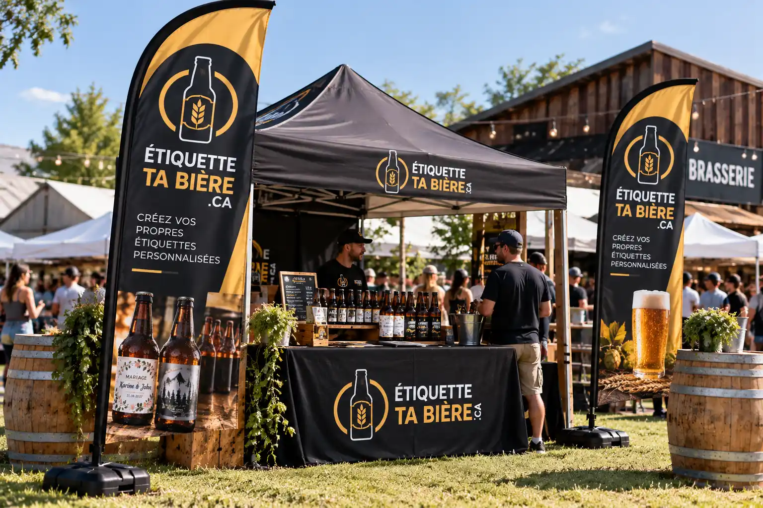 Drapeaux publicitaires et kiosque d'une brasserie dans un festival