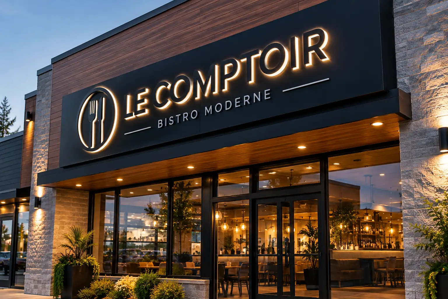Enseigne lumineuse d'un bistro sur une façade au crépuscule