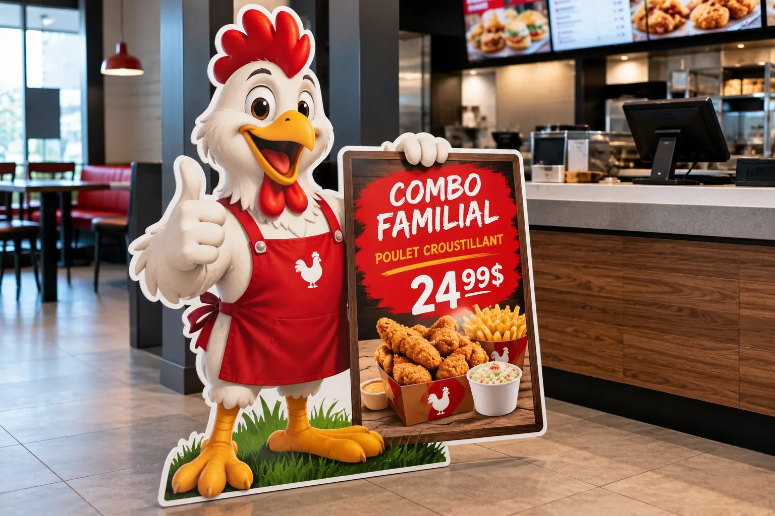Carton découpé en forme de mascotte avec une promotion de restaurant