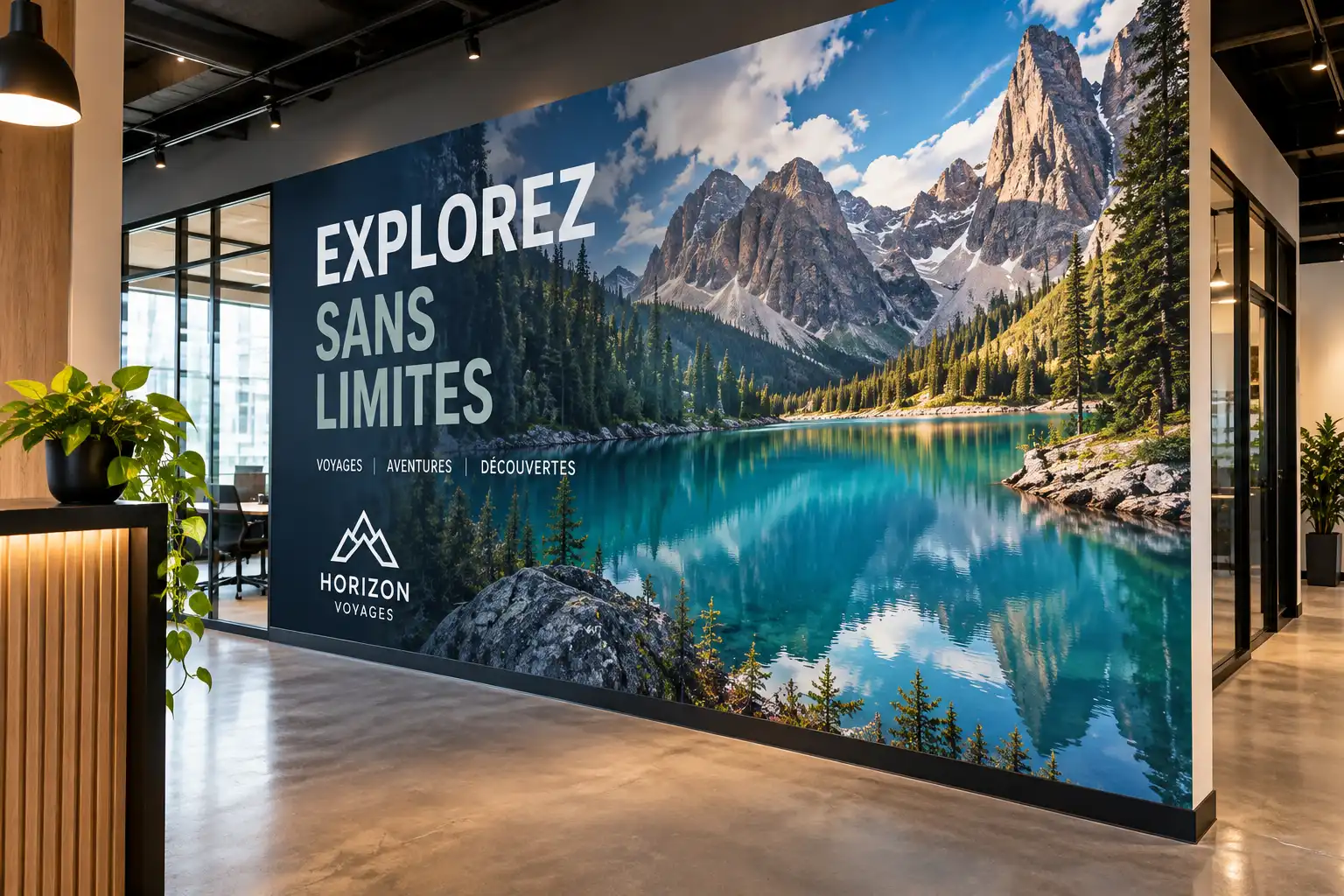 Murale grand format de montagnes dans une agence de voyages