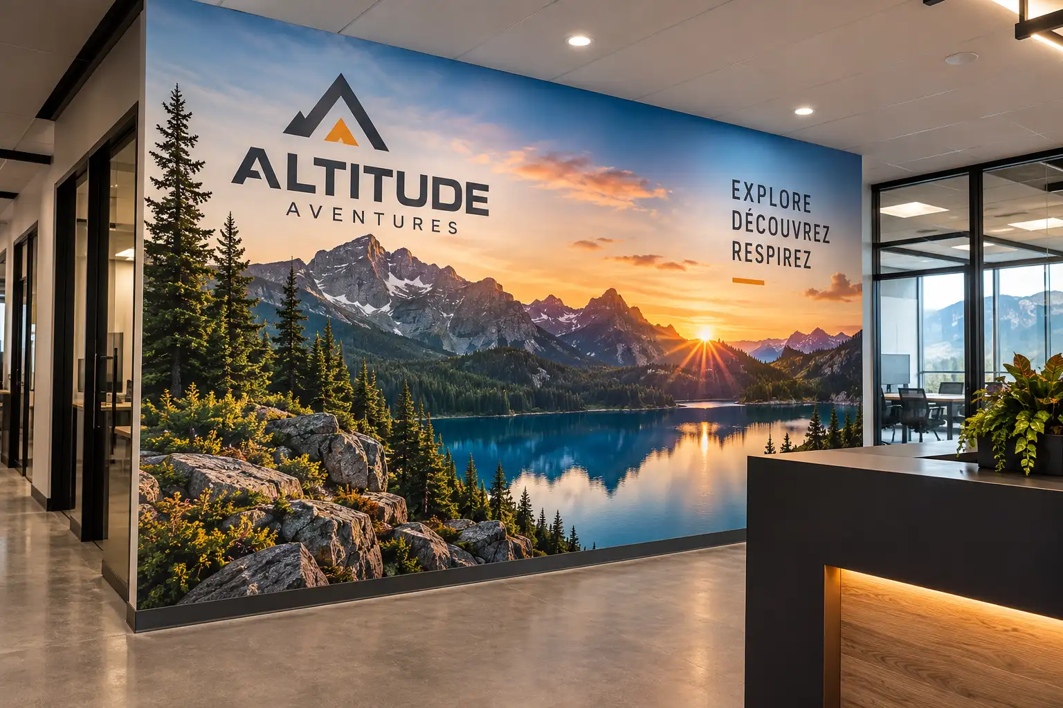 Murale d'un paysage de montagne dans un bureau