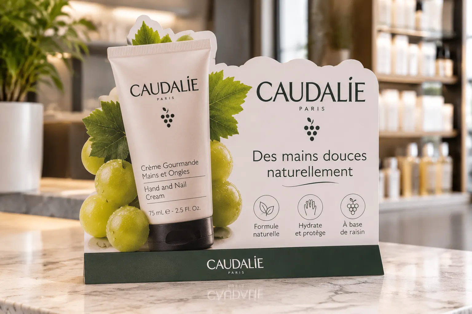 Présentoir en carton de produits de soins sur un comptoir