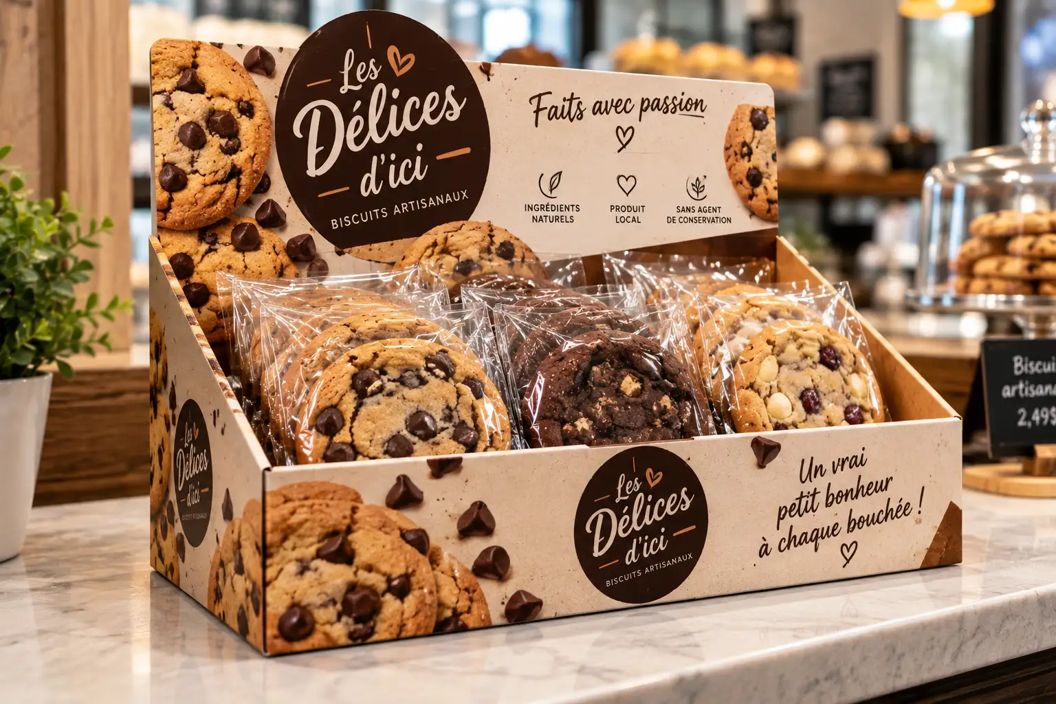 Présentoir en carton de biscuits artisanaux sur un comptoir de café