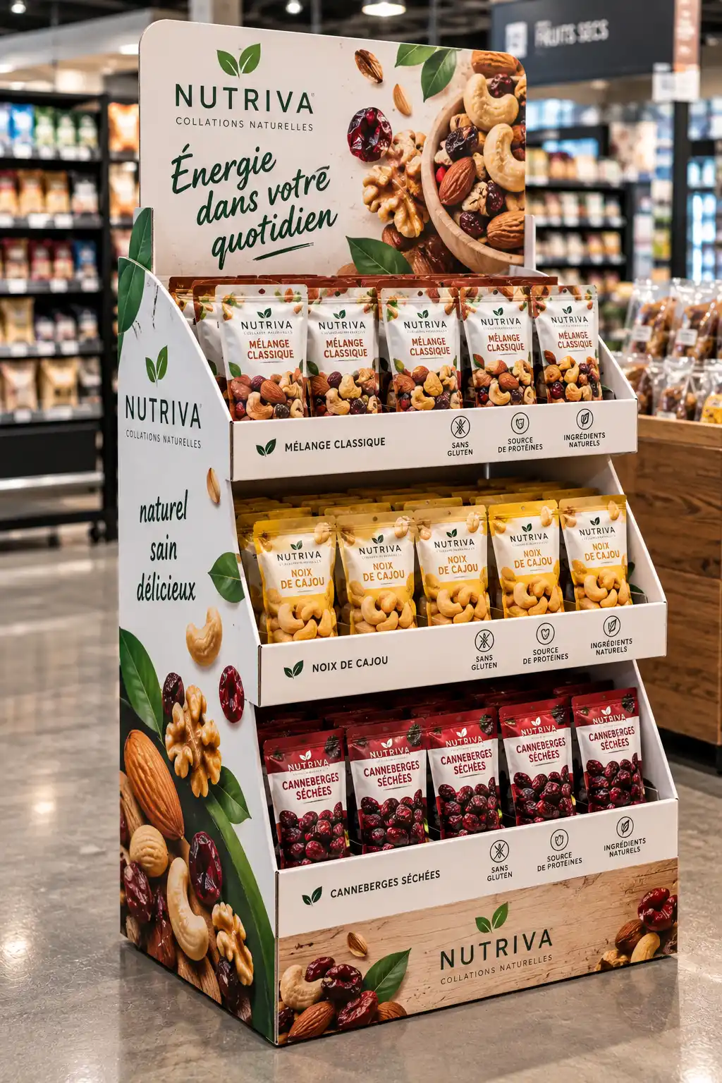 Présentoir en carton de collations naturelles en magasin
