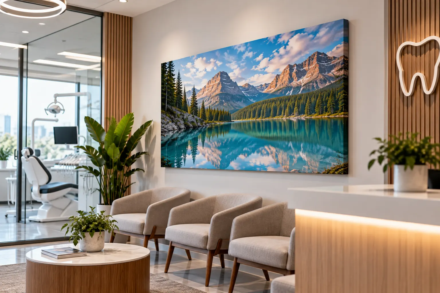 Toile imprimée d'un lac de montagne dans une salle d'attente