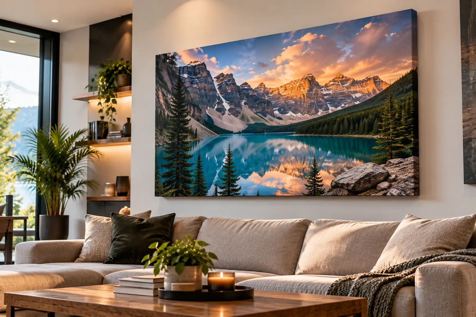 Toile imprimée d'un lac de montagne dans un salon
