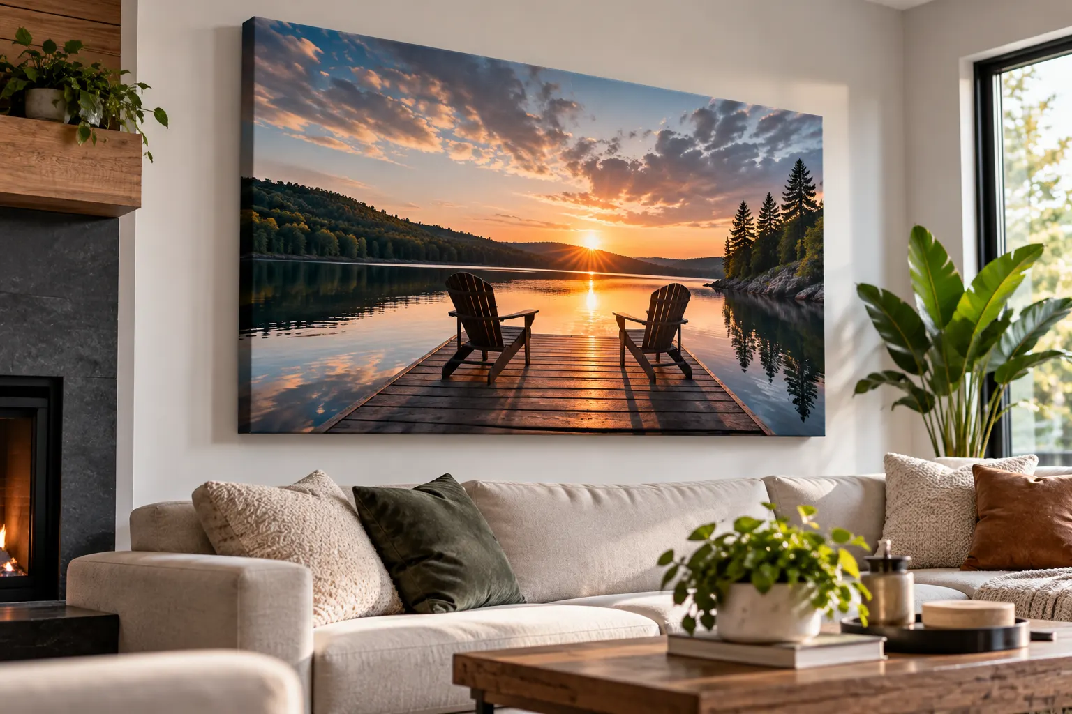 Toile imprimée d'un coucher de soleil sur un lac dans un salon