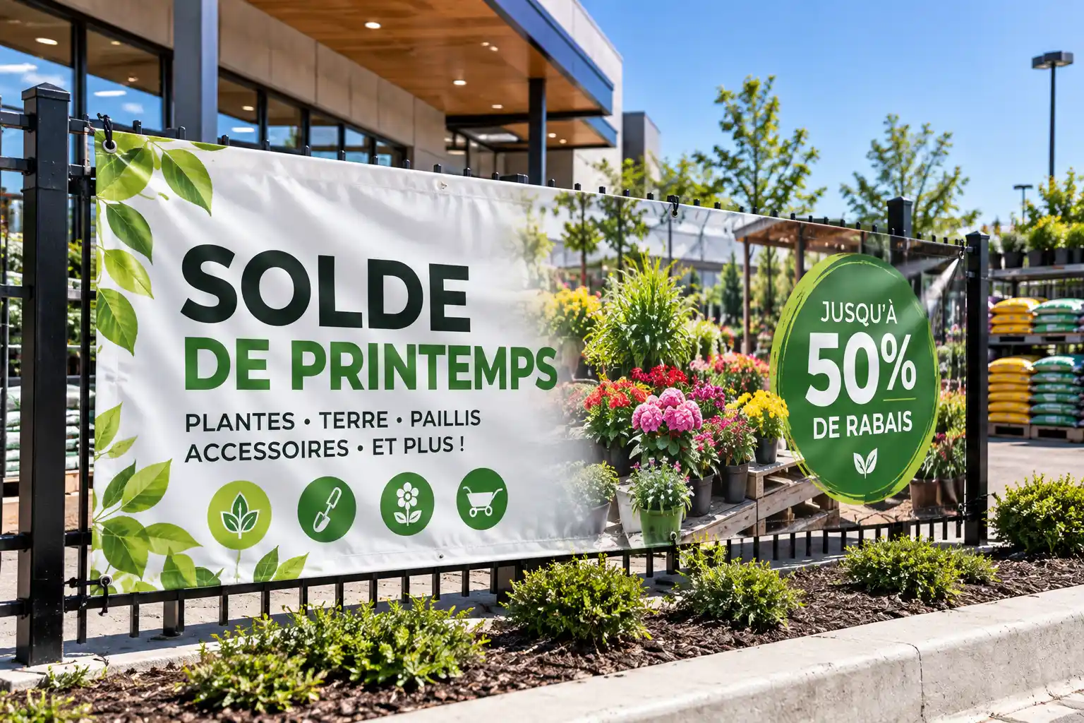 Bannière Solde de printemps sur la clôture d'une jardinerie