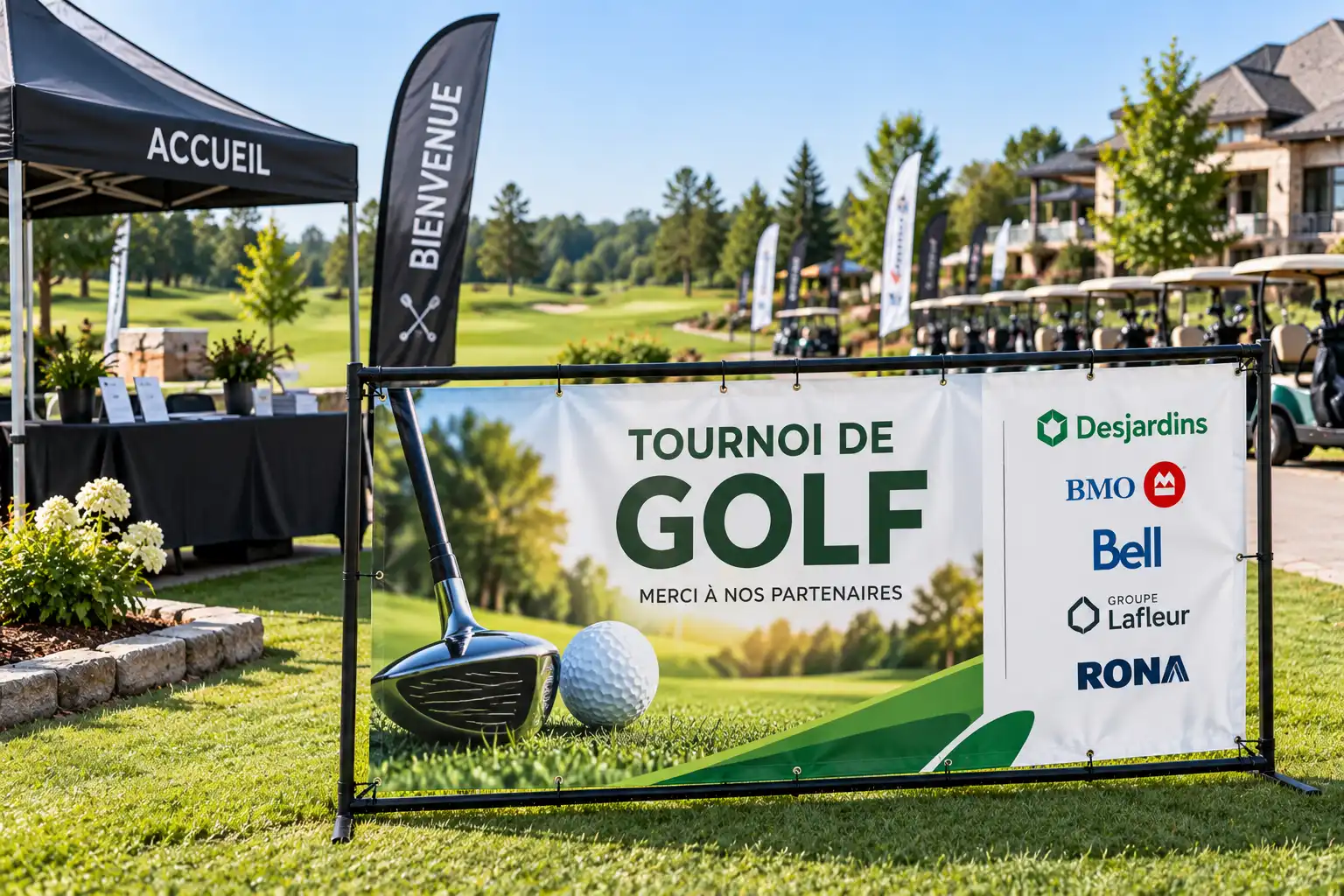 Bannière de tournoi de golf avec les logos des partenaires