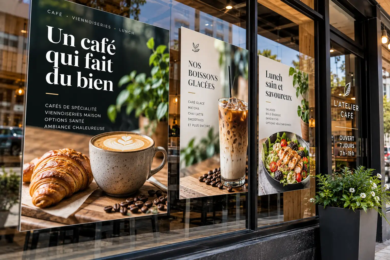 Affiches dans la vitrine d'un café artisanal