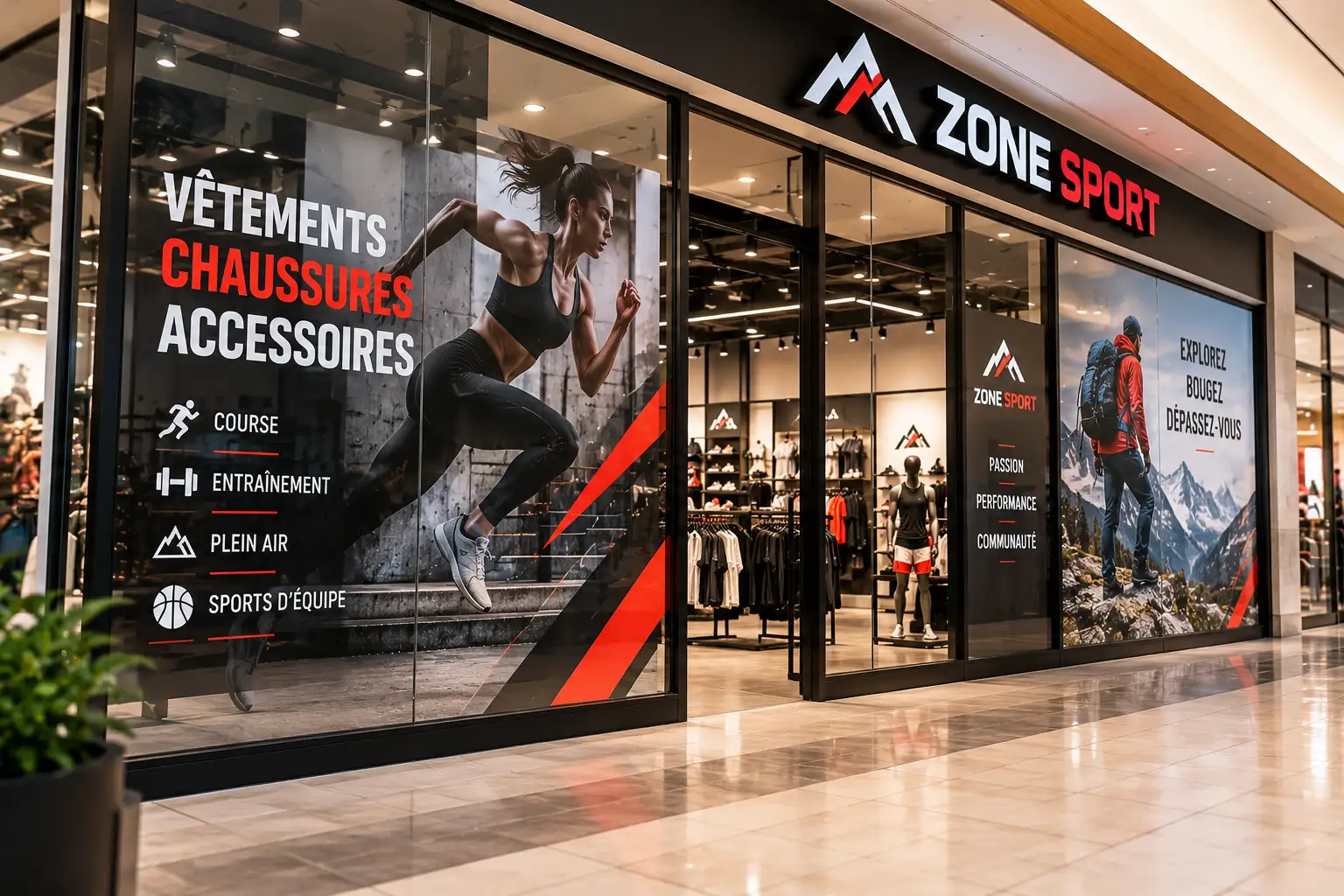Vitrines lettrées d'une boutique de sport en centre commercial